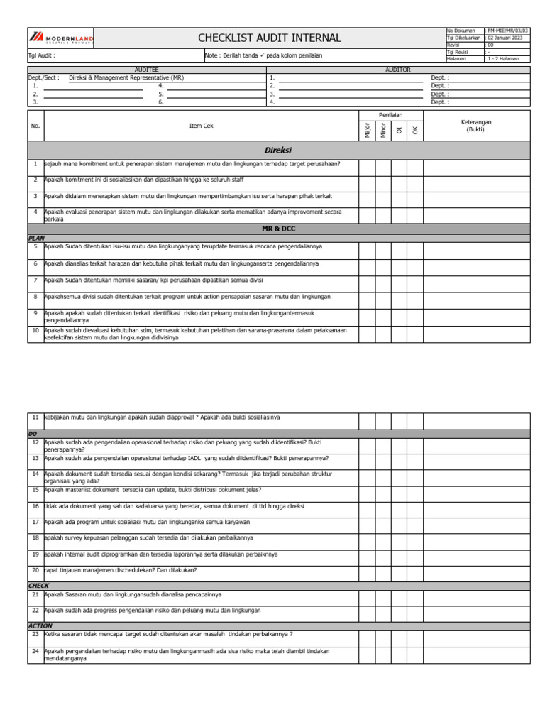 Checklist Audit Internal ISO 9001 | PDF