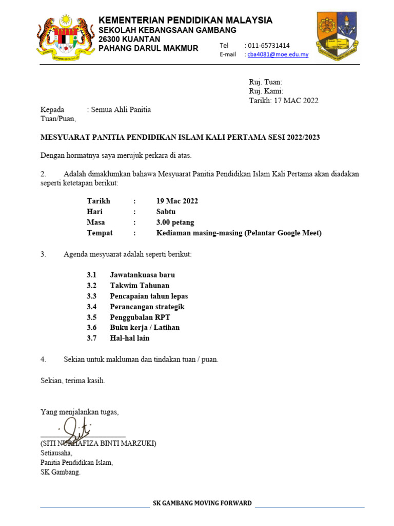 Surat Panggilan Mesyuarat | PDF