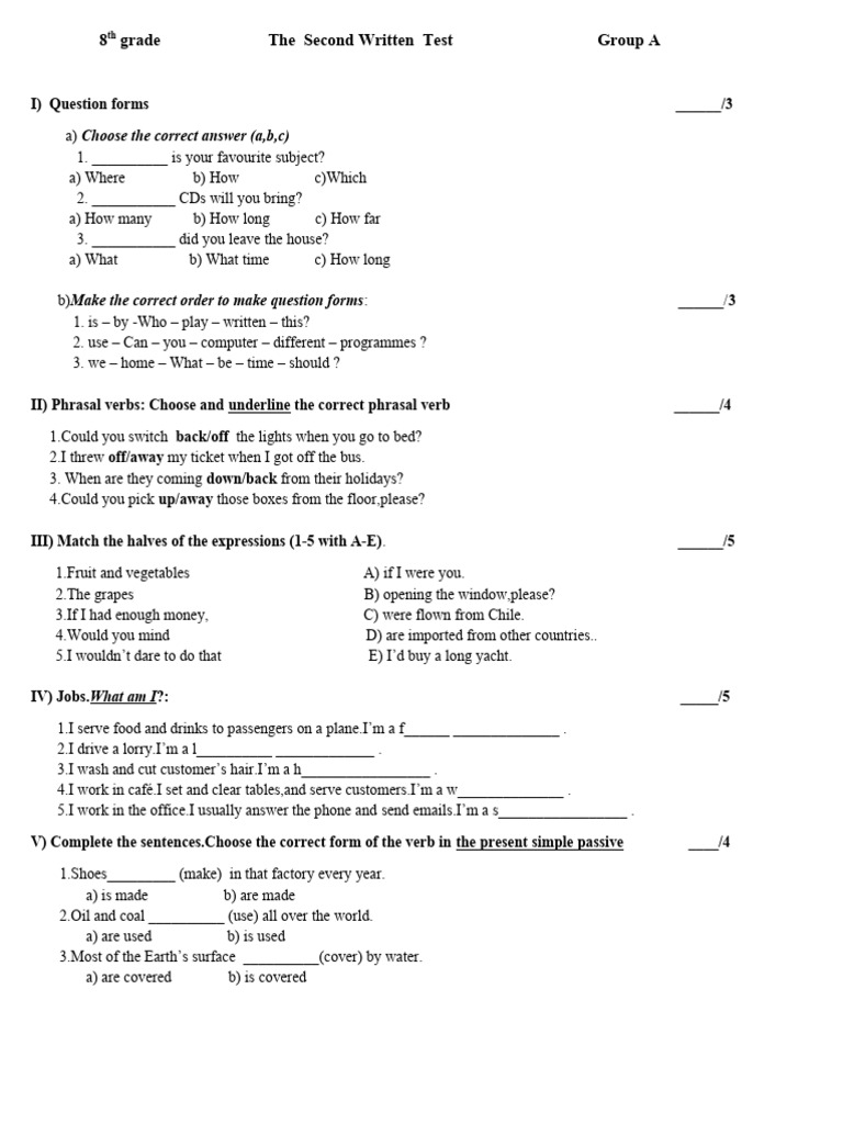 8th Grade English Test Questions | PDF | Linguistic Typology | Semantic ...