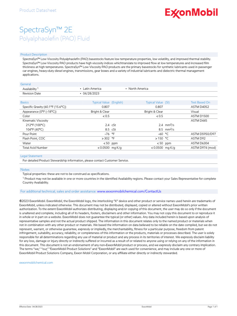 Spectrasyn™ 2E Polyalphaolefin (Pao) Fluid PDF Viscosity Lubricant