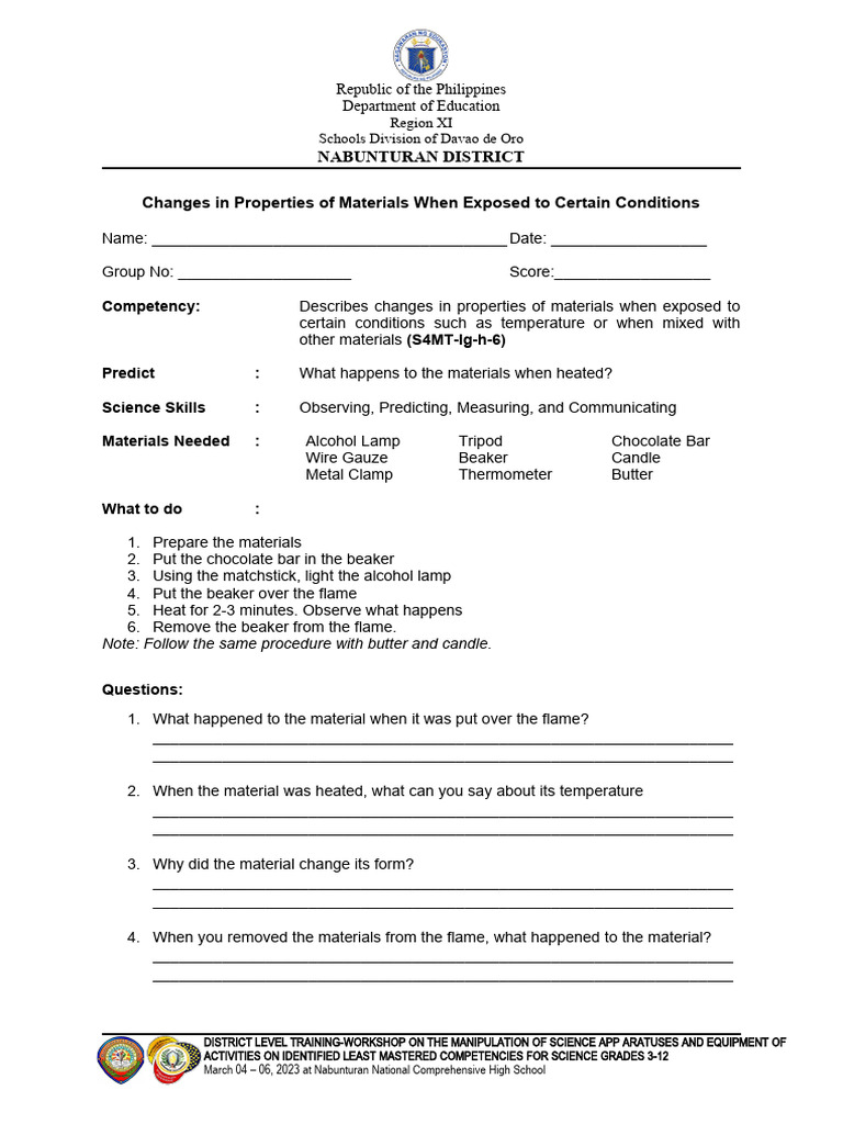 Activity Sheet 1 (Changes in Materials) | PDF | Chemistry | Thermodynamics