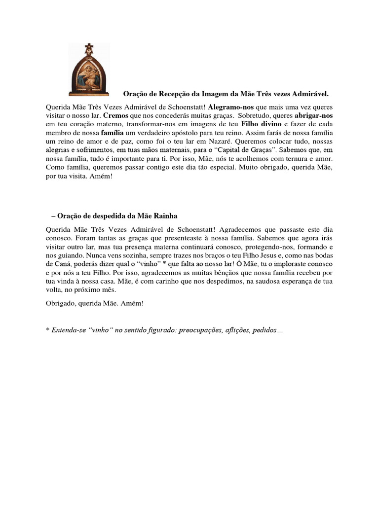 Oração de Recepção e Despedida da Mãe Rainha | PDF | Amor | Oração