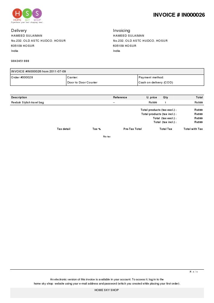 Invoice IN000026 - Reebok Bag | PDF
