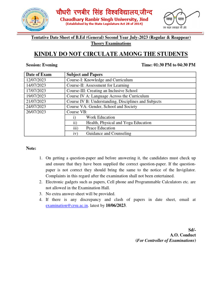 Tentative Date Sheet B.Ed. First and Second Year July 2023 Examinations ...