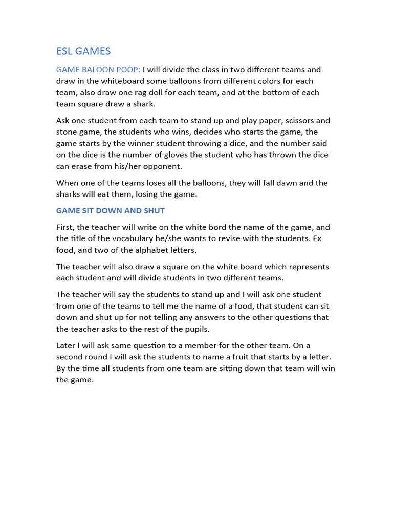Engaging ESL Classroom Games | PDF | English Language