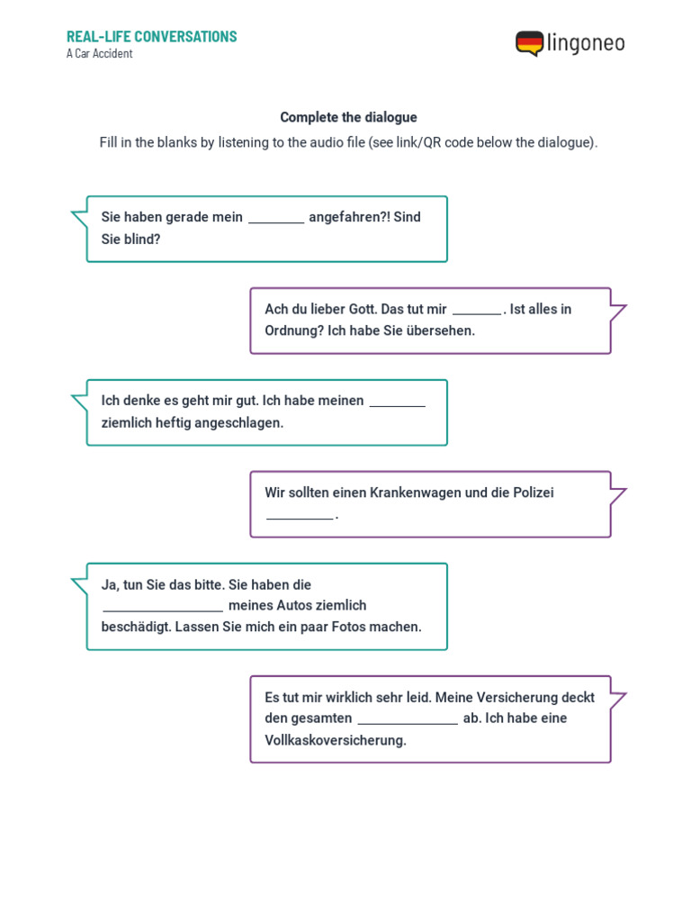 A Car Accident - Worksheet Dialogue Exercise | PDF