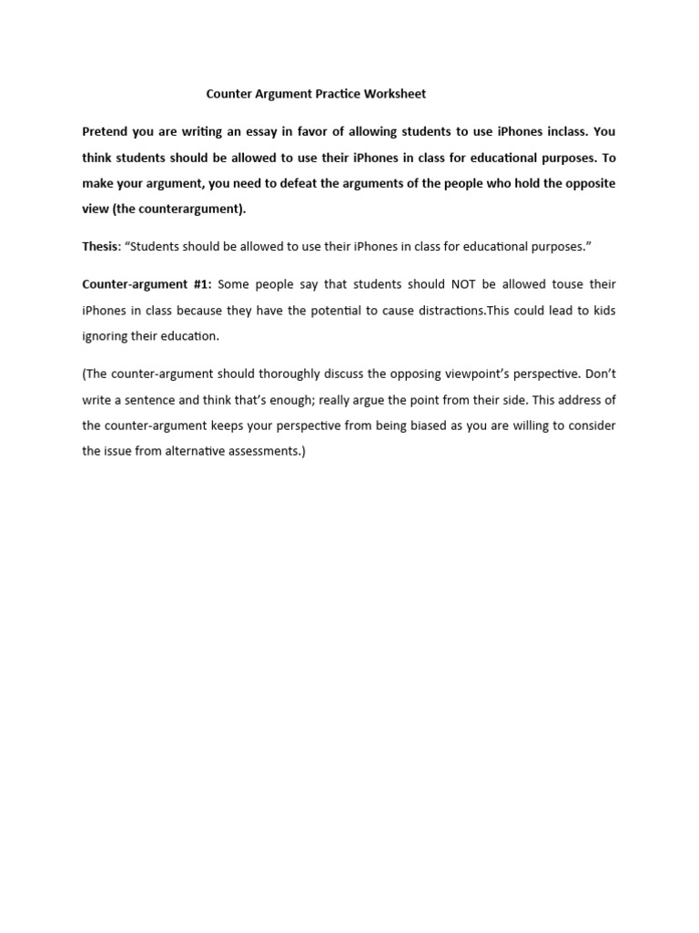 Counter argument practice worksheet pdf