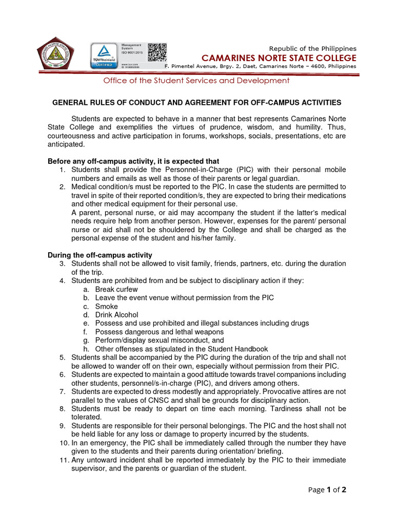 Rules of Conduct and Agreement For Off Campus Activities | PDF ...