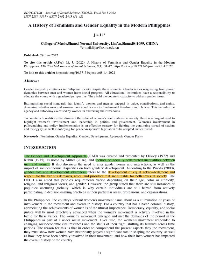 Feminism and Gender Equality in the Philippines | PDF | Corazon Aquino ...