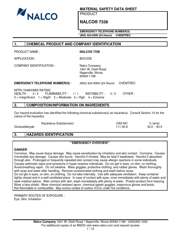 NALCO® 7338 Material Safety Data Sheet PDF Water Personal