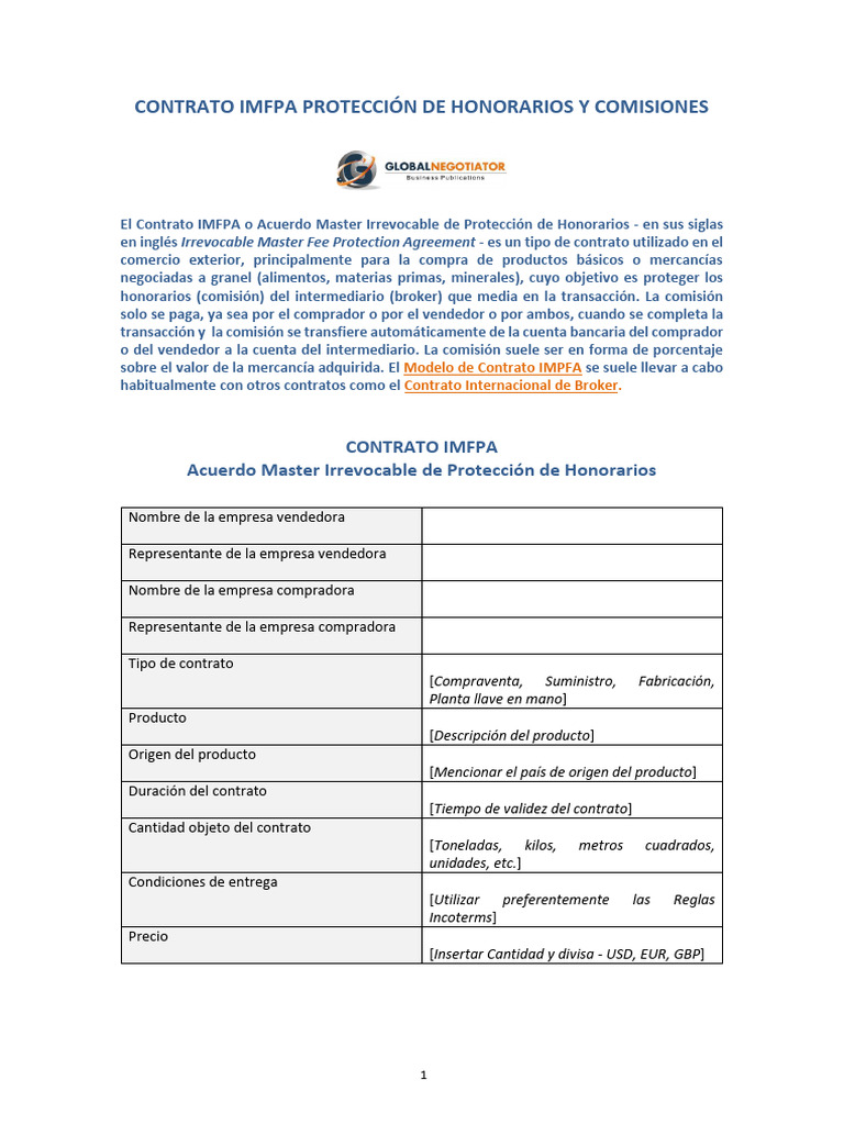 Contrato IMFPA Proteccion de Honorarios y Comisiones | Descargar gratis ...