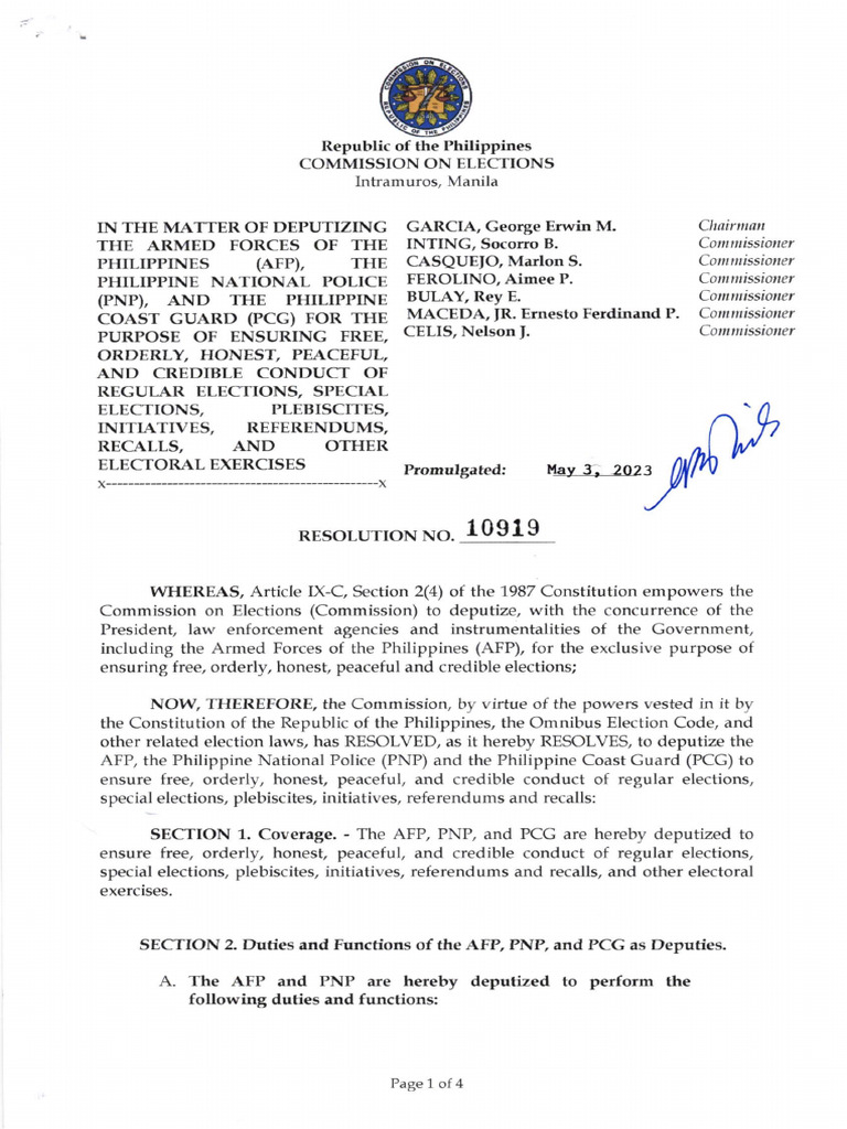 Com res 10919 pdf commission on elections philippines elections