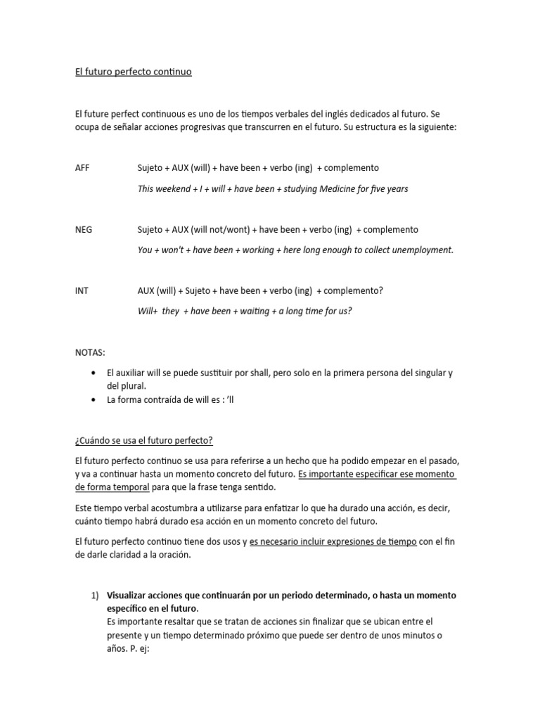 Estructura y uso del futuro perfecto continuo | PDF | Asunto (gramática ...