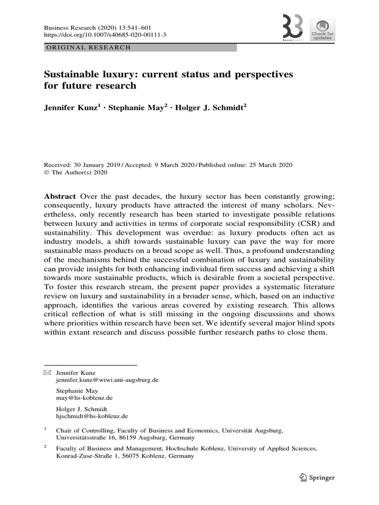 Sustainable Luxury Current Status and Perspectives For Future Research(00)