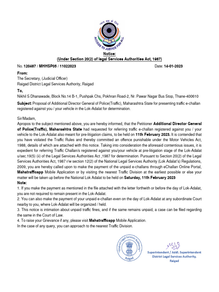 Traffic E-Challan Notice for Lok-Adalat | PDF | Service Industries