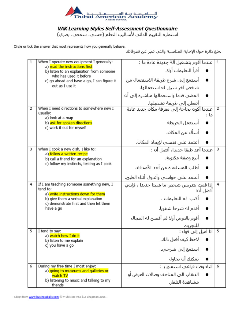 Copy of Learning Styles Test Self Assessment Aaw Jun16 | PDF