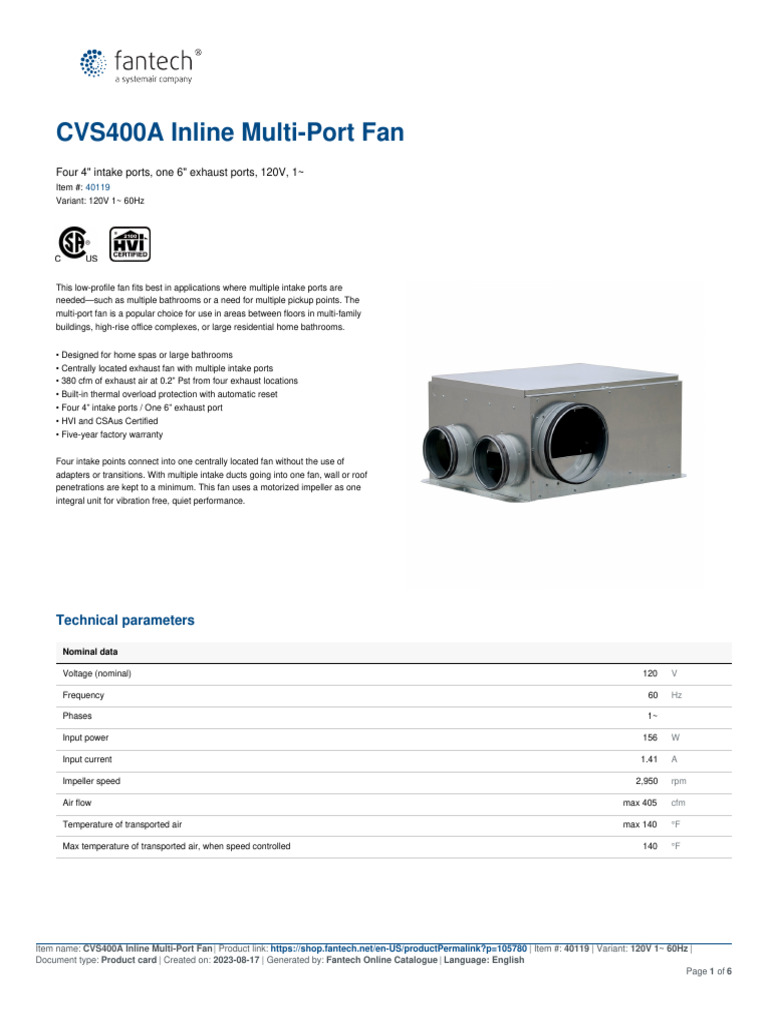 Fantech CVS400A Inline Multi-Port Fan | Download Free PDF | Mains ...