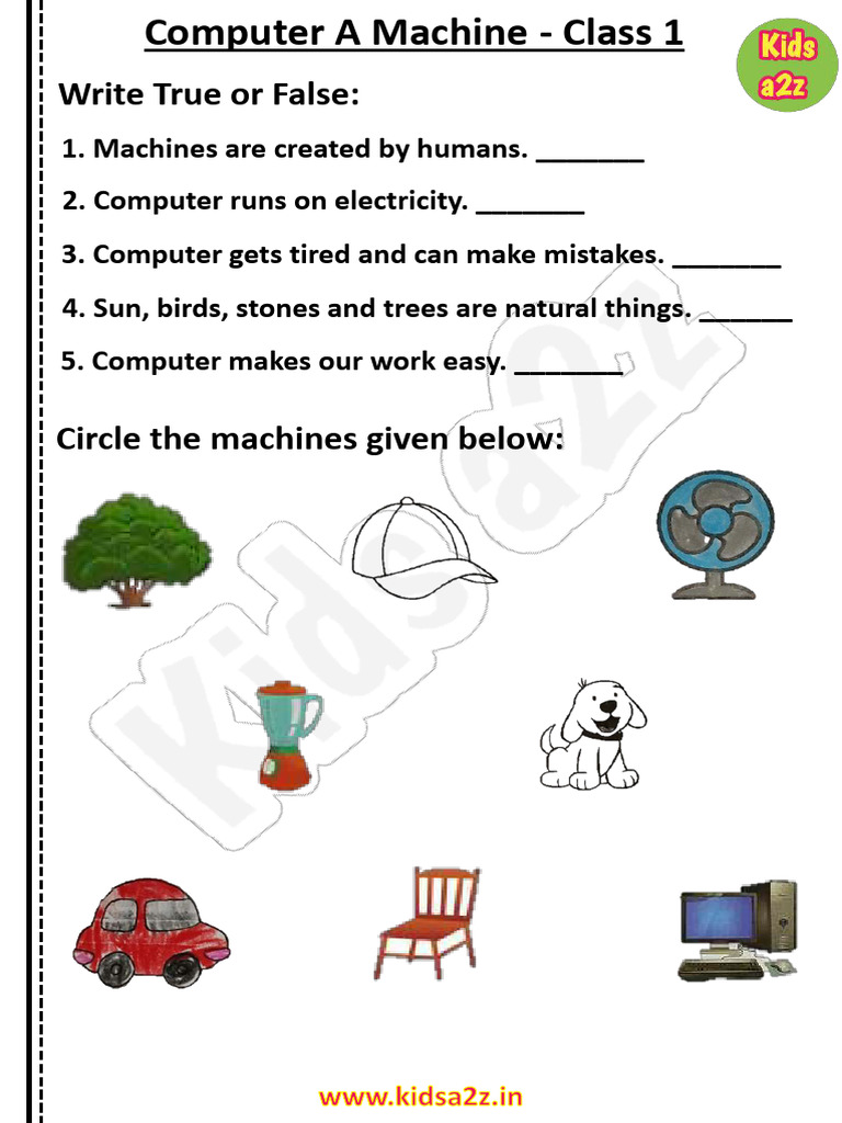 Computer A Machine Class 1 Worksheet 1 PDF