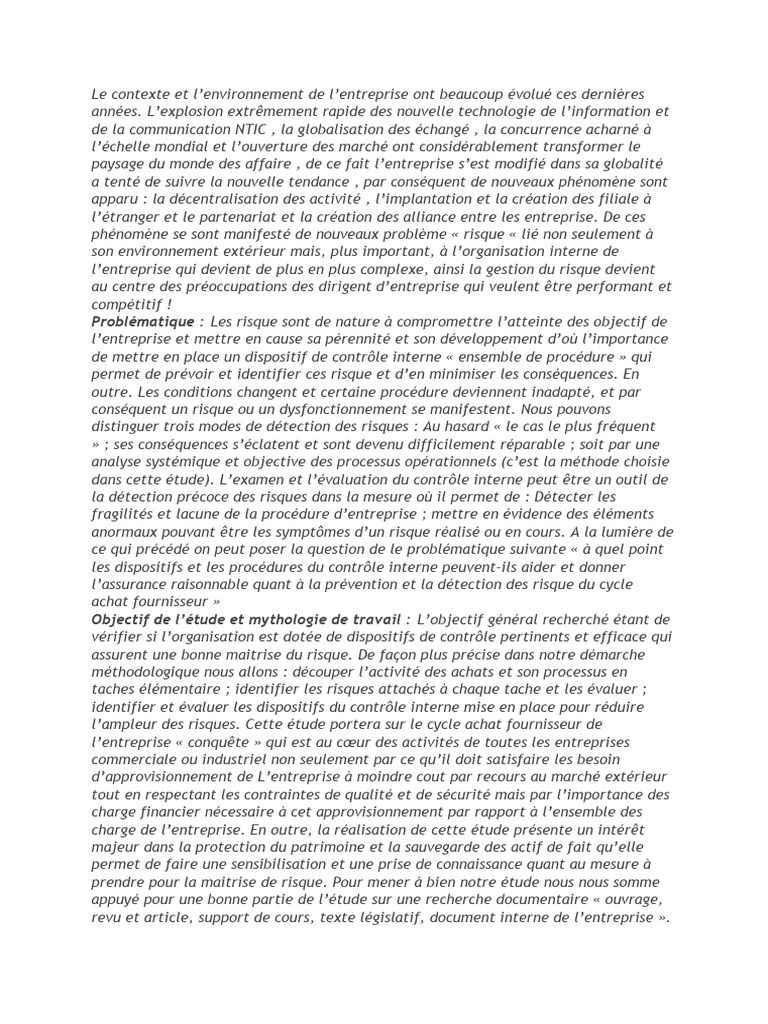 Exemple De Problématique Pdf Risque Contrôle Interne