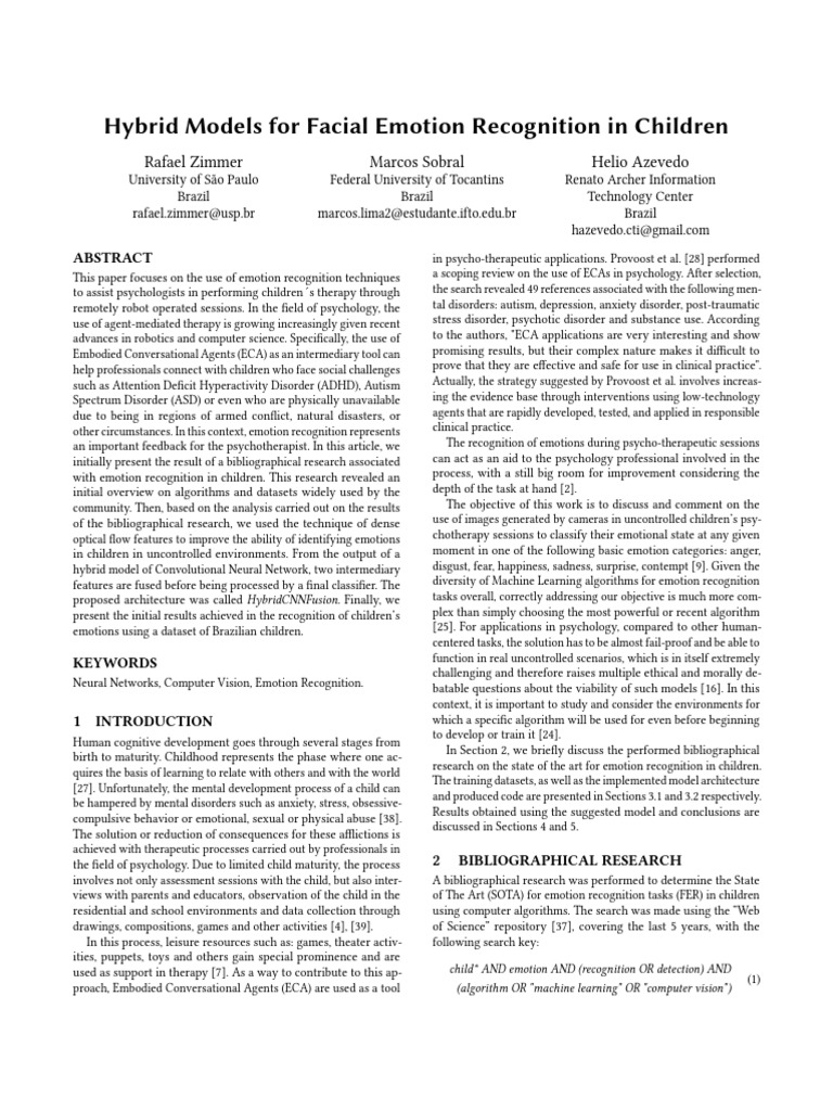 Hybrid Models For Facial Emotion Recognition in Children | PDF ...
