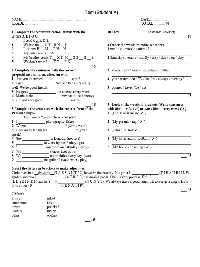 English Language Test Worksheet | PDF | Language Mechanics | Linguistic ...