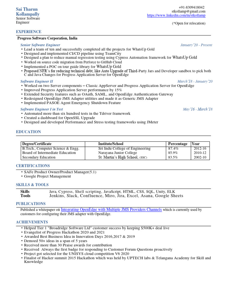 Senior Software Engineer Resume | PDF | Software | Computer Engineering
