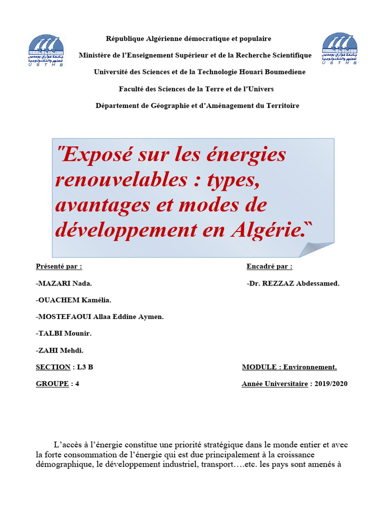 Énergies Renouvelables en Algérie | PDF | Énergie renouvelable ...