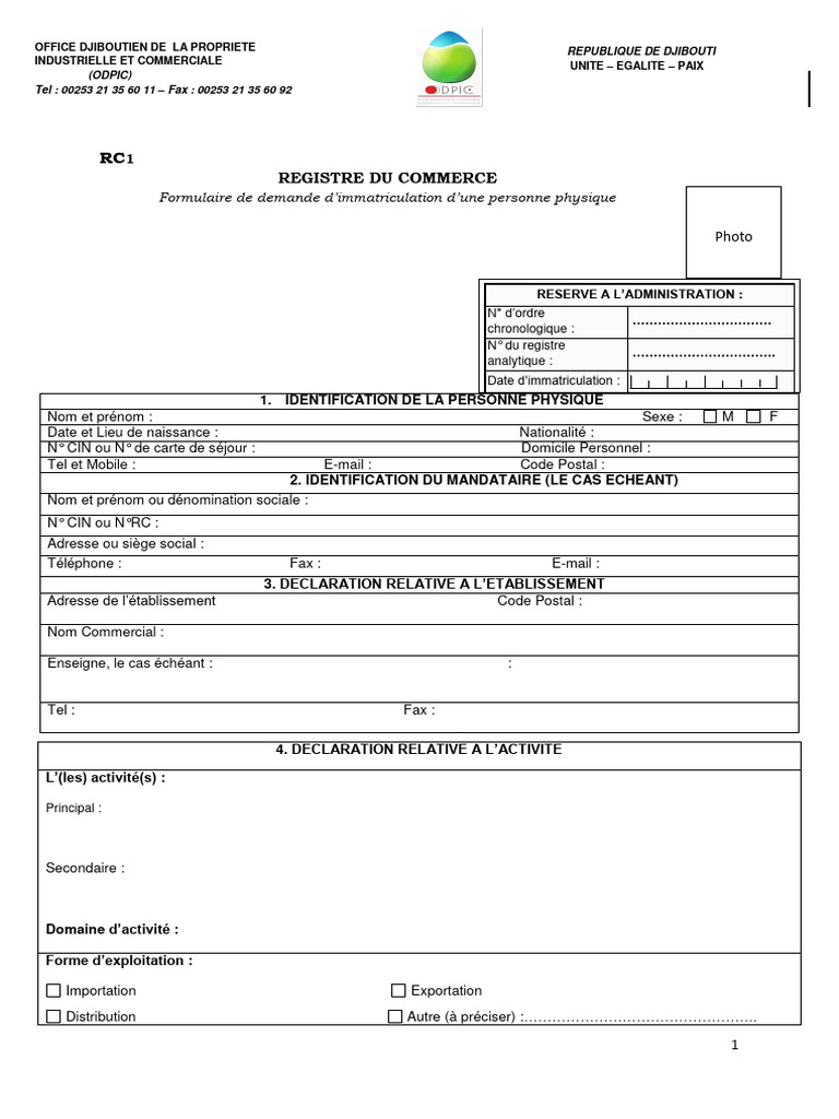 Demande d'immatriculation au RC1 | PDF