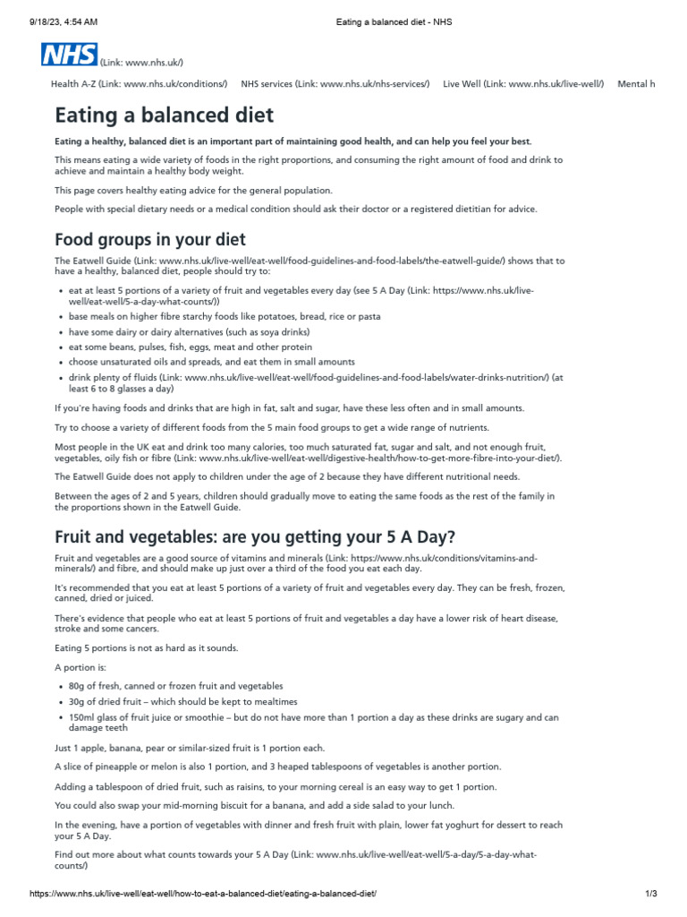 Eating A Balanced Diet - NHS | PDF | Healthy Diet | Fat