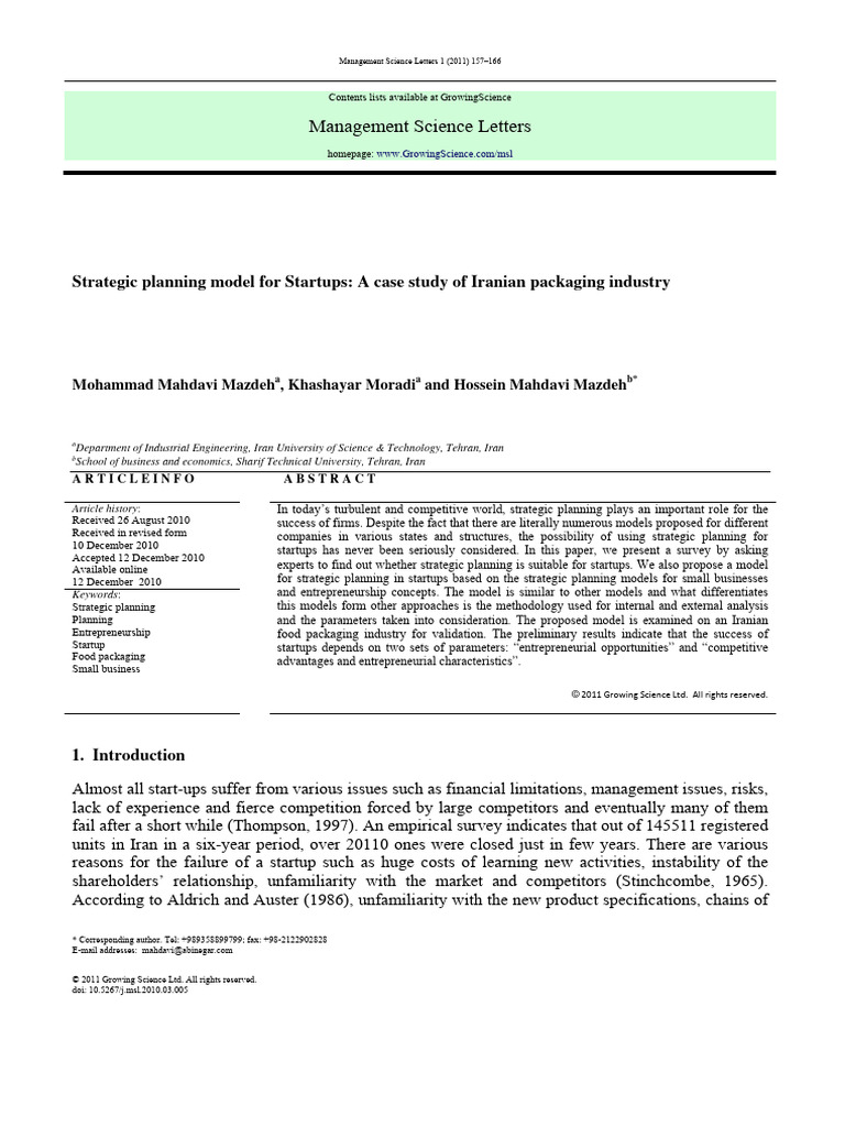 Strategic Planning For Startups In Iran Pdf Entrepreneurship