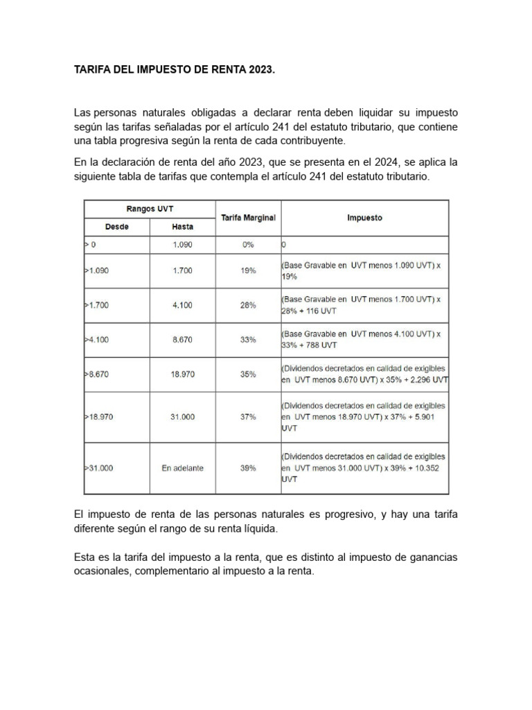 Tarifa Del Impuesto de Renta 2023 | PDF | Impuesto sobre la renta ...