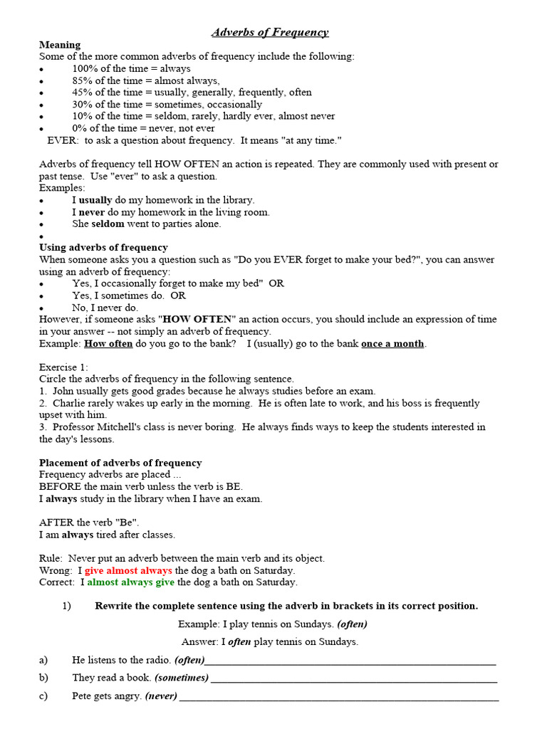 Exercises on Adverbs of Frequency | PDF | Adverb