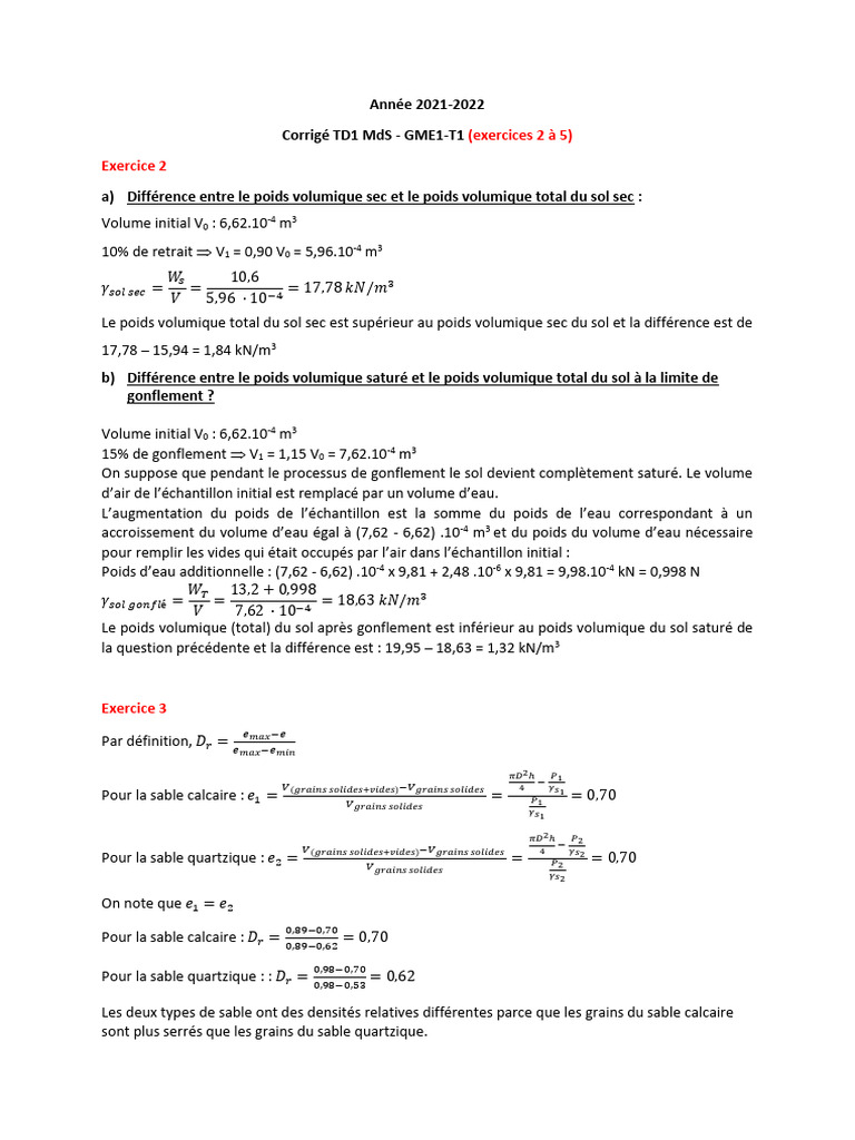 Corrigé TD1 MdS - GME1-T1: Sols et Densités | PDF