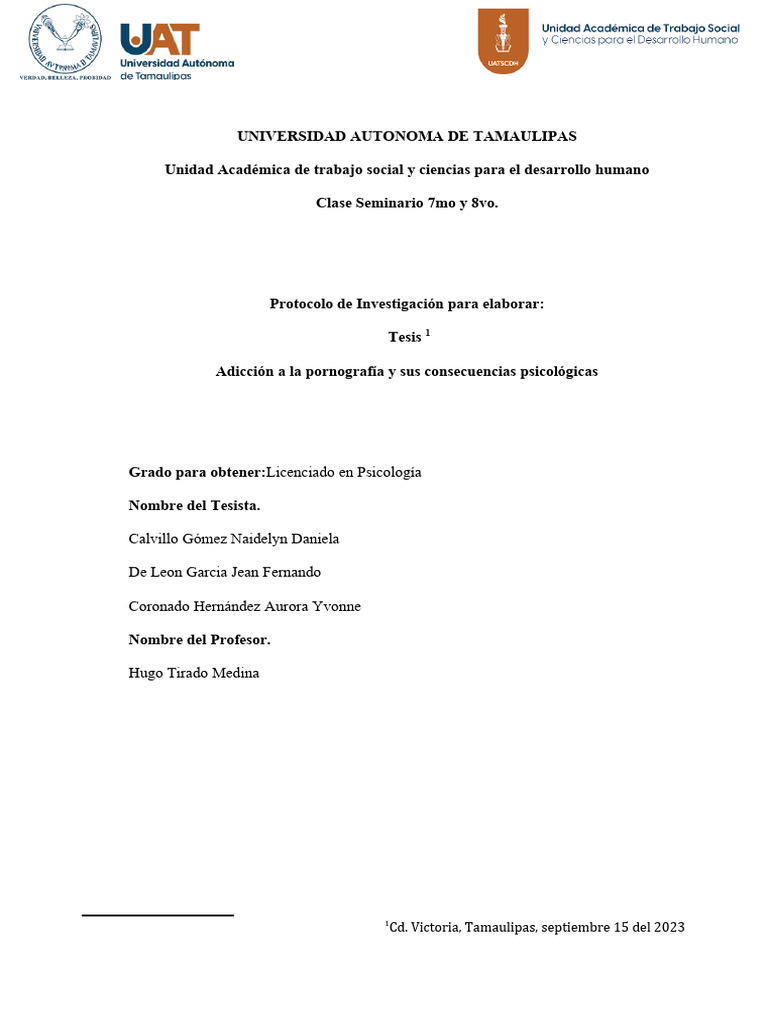 Youporn2019 - Protocolo - de - Tesis - Seminario - Correcciones-2 Chequeo | PDF |  Trastorno depresivo mayor | Salud mental