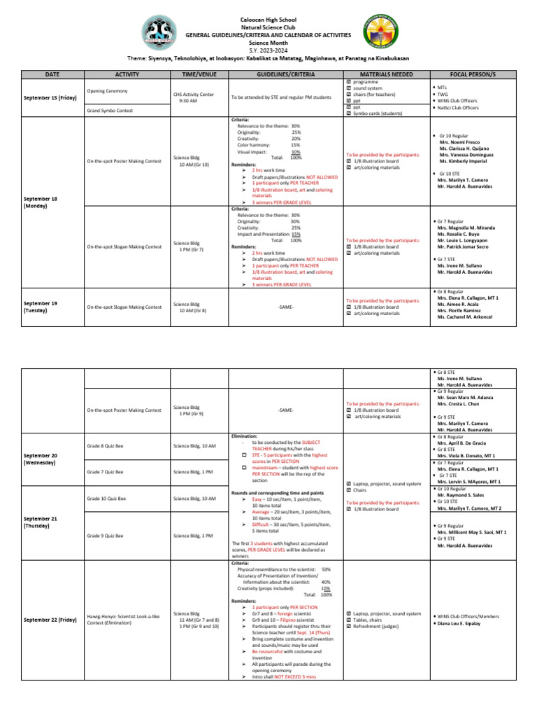 Science Month Activities 2023-2024 | PDF | Cognition