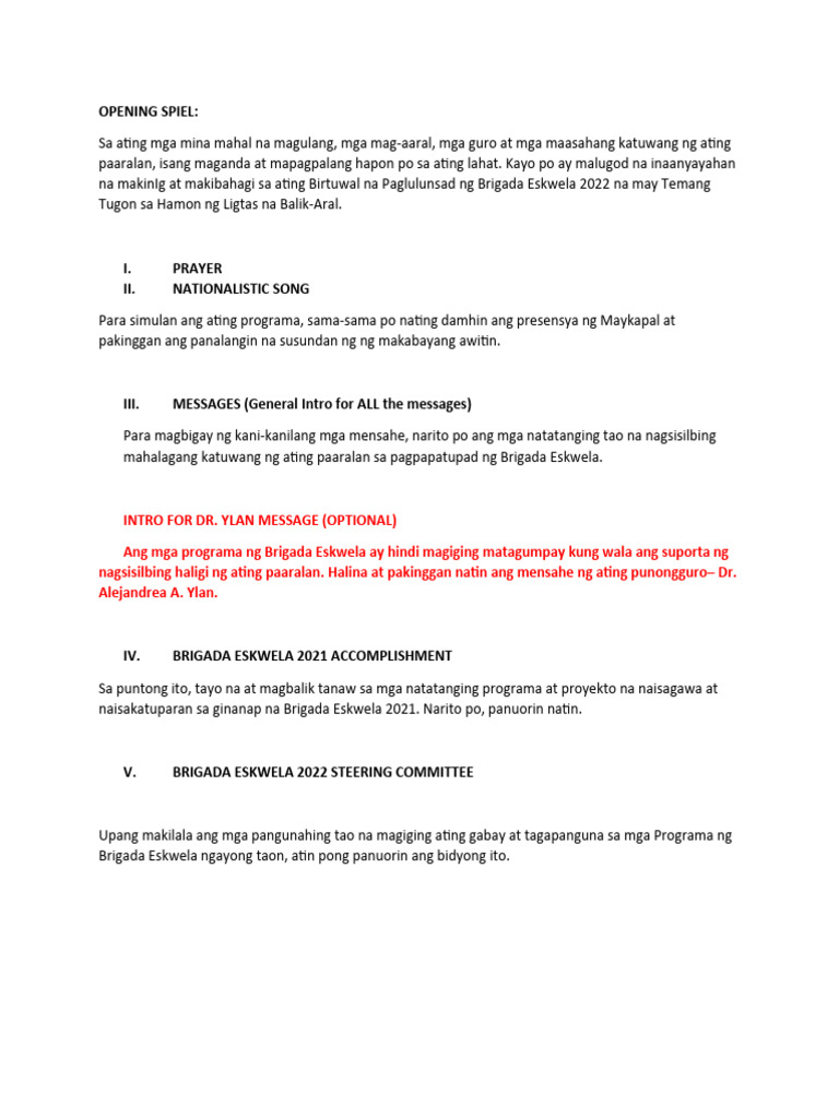 Brigada Eskwela Emcee Script | PDF