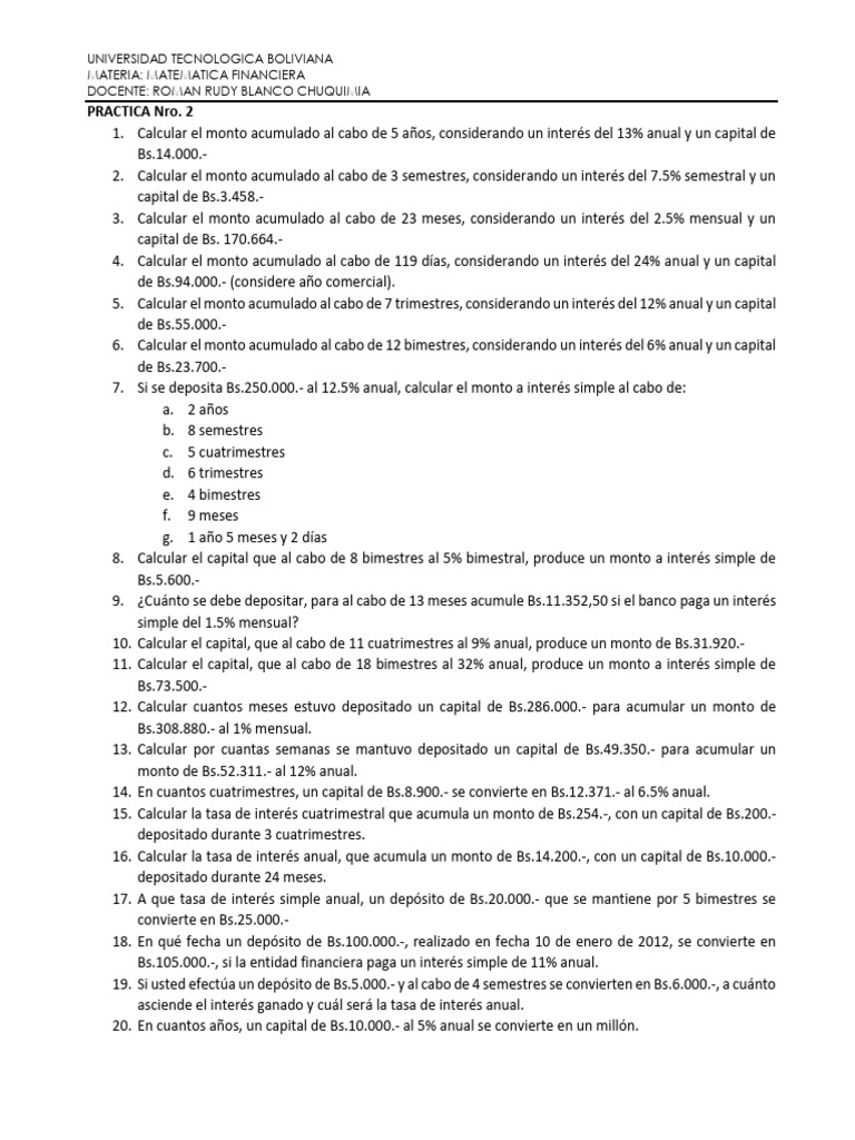 Cálculos de Interés Simple en Matemática Financiera | PDF