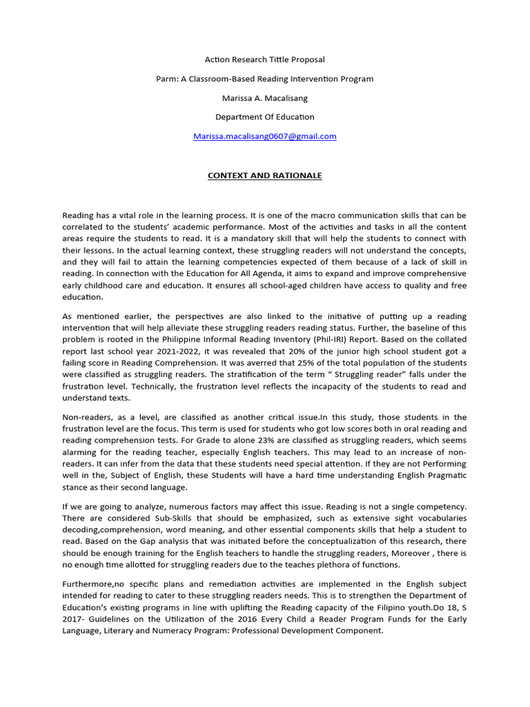 Action Research Tittle Proposal | PDF | Reading Comprehension | Literacy