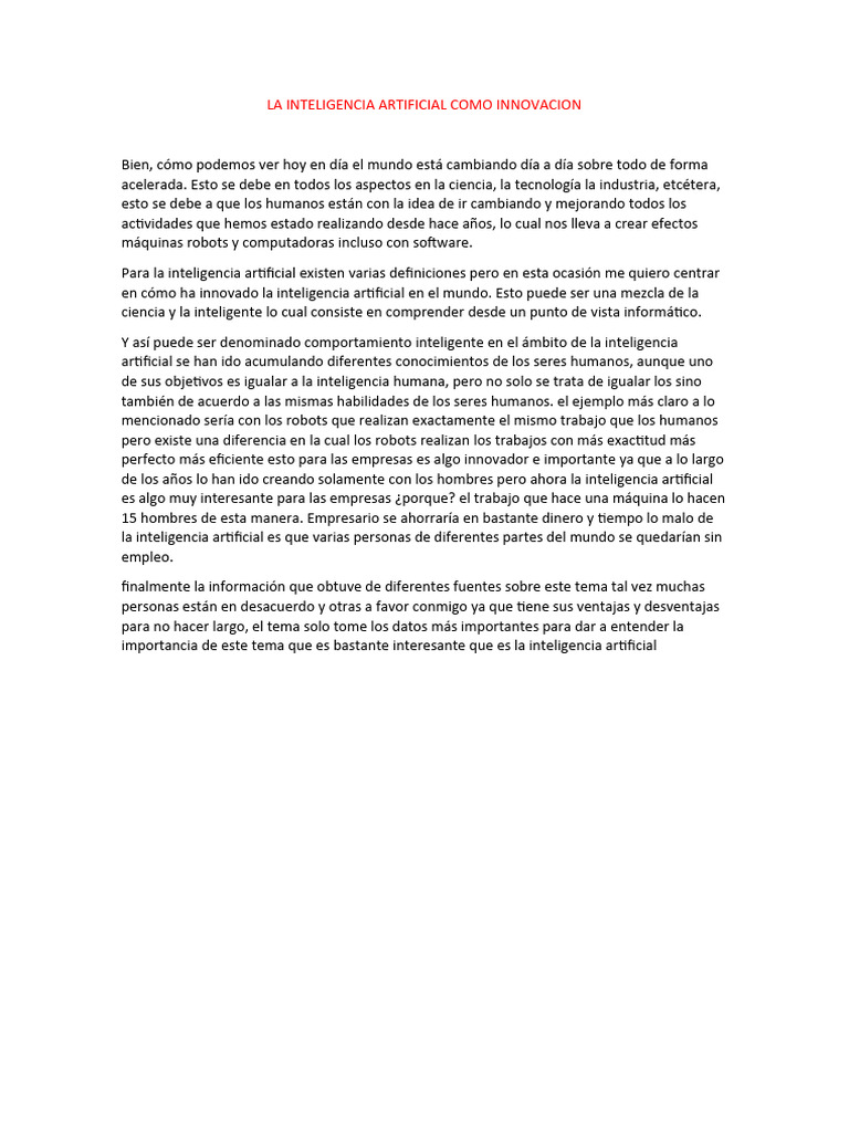 La Inteligencia Artificial Como Innovacion | PDF