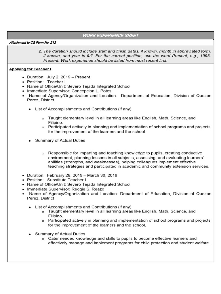 Teacher I Work Experience Summary | PDF | Career & Growth | Wellness