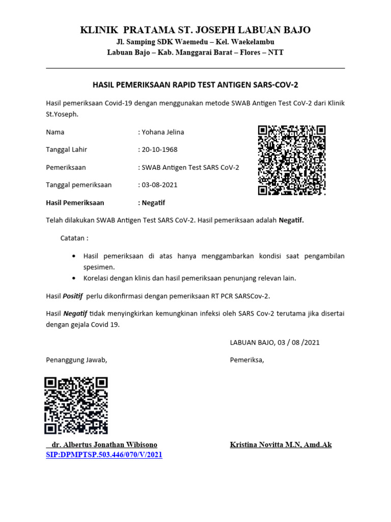 Hasil Rapid Test Antigen Covid-19 Negatif | PDF