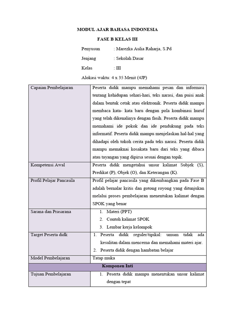 Modul Ajar Bahasa Indonesia Kelas 3 | PDF