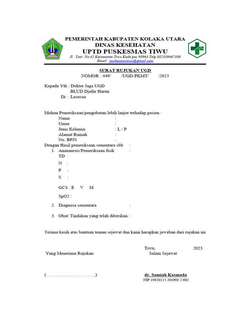Surat Rujukan UGD dari Puskesmas Tiwu | PDF | Kesehatan Holistik