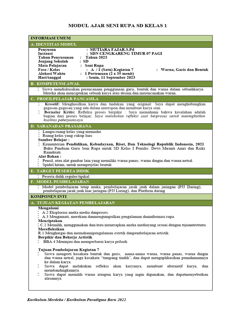 Modul Ajar Seni Rupa Kelas 1 SD | PDF