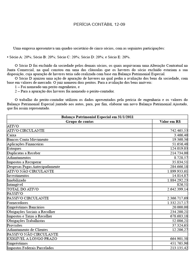 Apuração de Haveres em Perícia Contábil | PDF | Contabilidade | Balancete