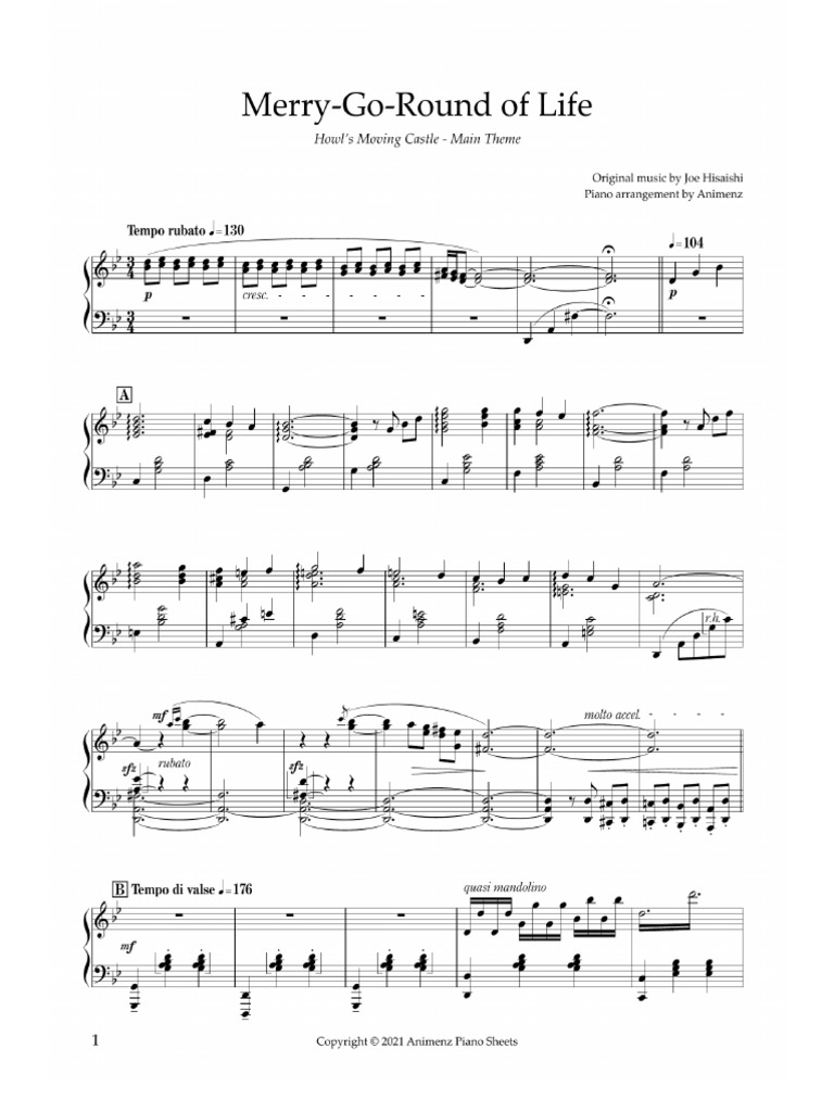 Hisaishi Joe - Merry Go Round of Life (Howl's Moving Castle OST) Sheet ...