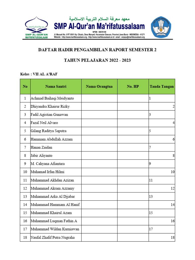 Daftar Hadir Pengambilan Raport VII | PDF