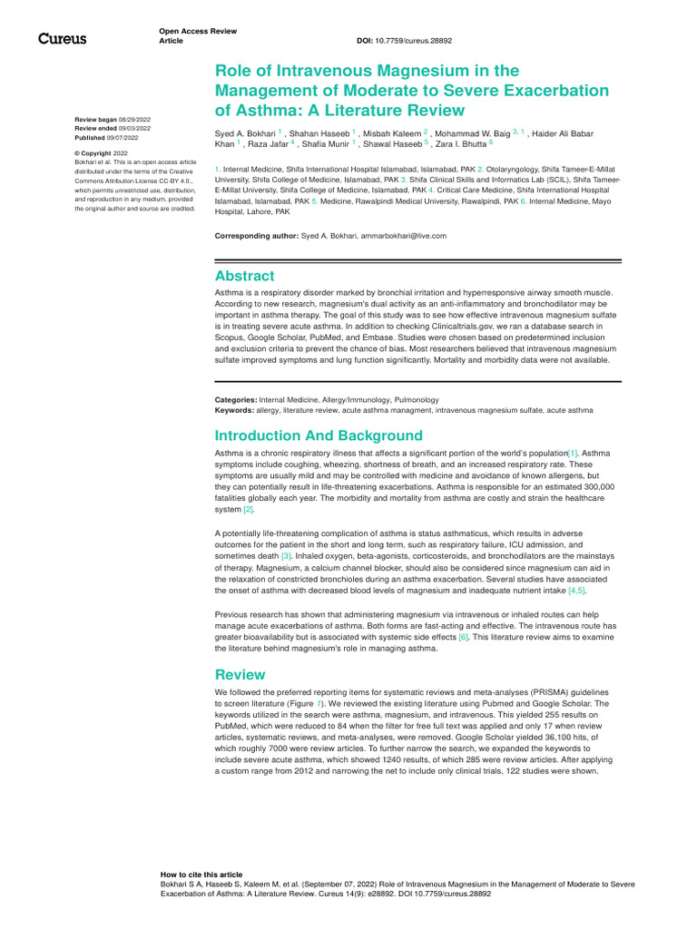 Role of Intravenous Magnesium in the Management of Moderate to Severe