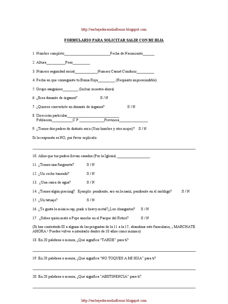 Formulario Para Solicitar Salir Con Mi Hija Ocio