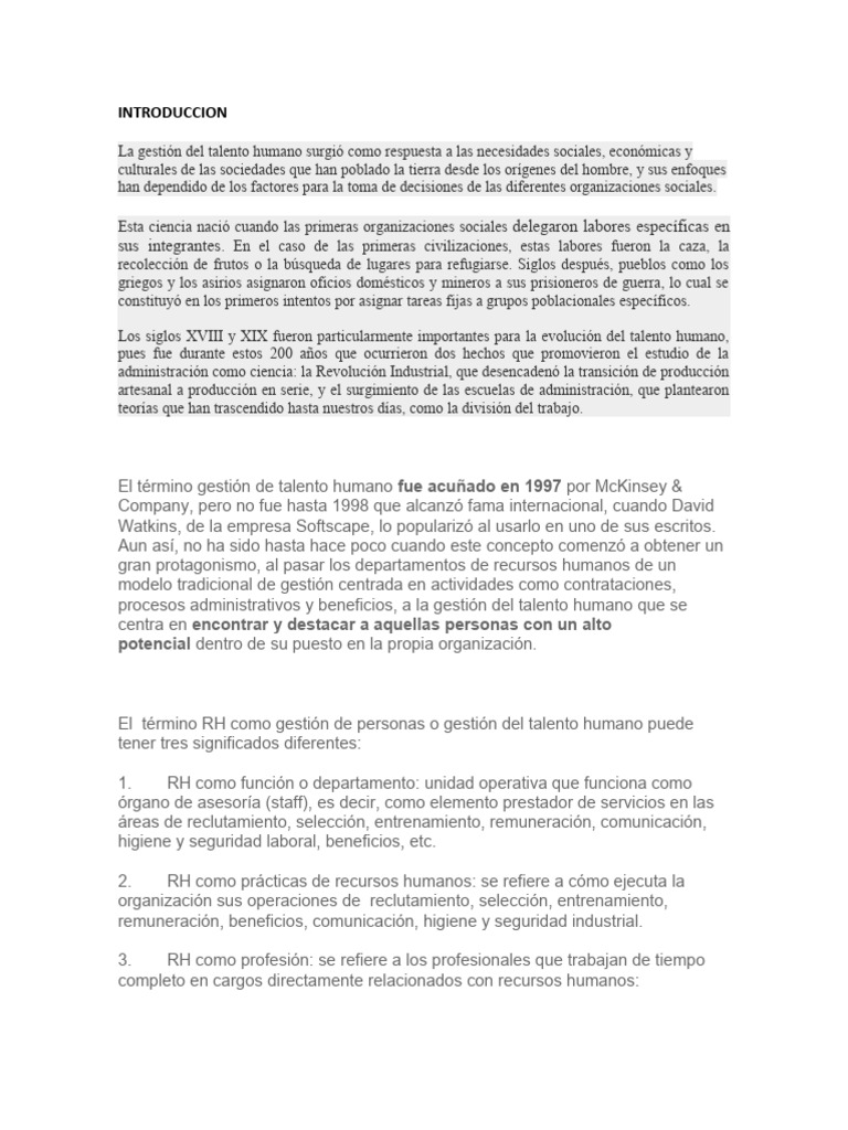 Introducción a la Gestión del Talento Humano | PDF | Gestión de ...